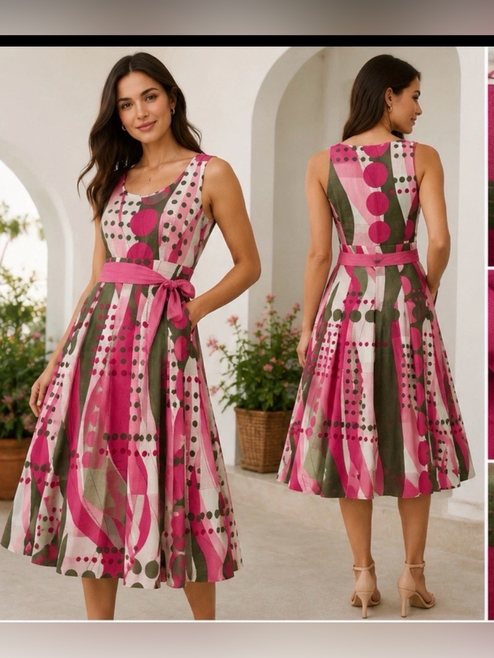 Phase Eight Pink Abstract Polka Dot Cotton Fit & Flare Dress Size 8